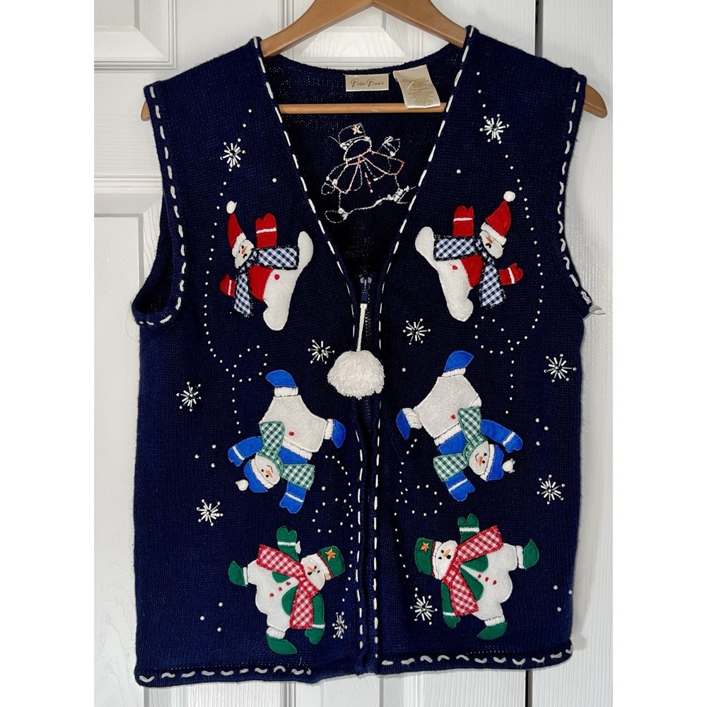 Christmas Sweater‎ Vest Bobbie Brooks M Navy Knit Zip Up Snowmen